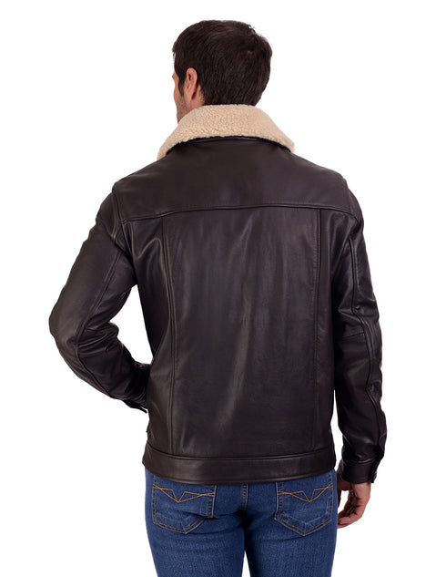 Chamarra de piel Perry Ellis para Caballero en color café con Cuello de Borrego.